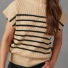 Parchment Striped Ribbed Knit High Neck Sweater