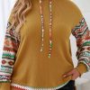 Camel Aztec Patchwork Sleeve Waffle Drawstring Plus Hoodie