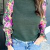 Mist Green Ribbed Frill Neck Floral Print Long Sleeve Top