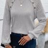 Gray Contrast Lace Raglan Sleeve Buttoned Ribbed Top