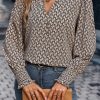 Light French Beige Frenchy Printed Frill V Neck Long Sleeve Blouse