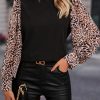 Chic Patchwork Silhouette: Black Contrast Leopard Print Blouse For Women