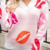 Light Pink V Neck Contrast Ribbed Trim Kisses Valentine Sweater