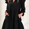 Black V Neck Tiered Ruffled Dress With Pockets