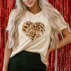 Khaki Sequined Leopard Love Heart Print Crew Neck T Shirt