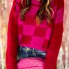 Multicolor Checkered Pattern Heart Detail Textured Sweater