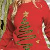 Fiery Red Sequined Christmas Tree Sketch Drop Shoulder Sweater