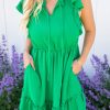 Bright Green Split V Neck Elastic Waist Ruffled Dress