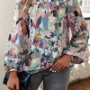 Green Printed Floral Bubble Sleeve Frill Mock Neck Blouse