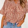 Brown Printed Tie Split Neck Puff Sleeve Blouse