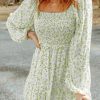 Pear Green Boho Floral Smocked Puff Sleeve Mini Dress