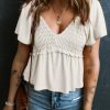 Oatmeal Shirred V Neck Short Flutter Sleeve Textured Blouse