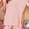 Light Pink Solid Color Sleeveless Hoodie And Shorts Set