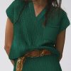 Blackish Green Chest Pocket V Neck Ribbed Cap Sleeve Sweater