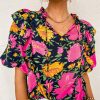 Rose Red Floral Bubble Sleeve Notch V Neck Ruffled Blouse