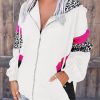 White Leopard Color Block Pockets Zip-up Hooded Jacket