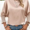 Trendy 100% Polyester Smoke Gray Shirred Dolman Sleeve Blouse