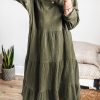 Moss Green Long Sleeve Tiered Crinkled Patchwork Mini Dress