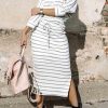 White Striped V Neck Top And Side Slits Skirt Set