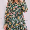 Flattering A-Line Green Floral Dress With V-Neck And High Waistline