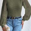 Jungle Green Sunflower Mesh Bubble Sleeve Waffle Knit Top