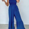 Navy Blue Spaghetti Straps Smocked Ruffled Wide Leg Jumpsuit