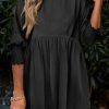 Black Solid Shirred Cuffs Short Swing Dress