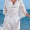 White Lace Patch Kimono Sleeve Tassel Drawstring Beach Cover Up