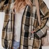 Brown Checkered Drawstring Hooded Zip-Up Jacket