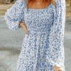 Light Blue Boho Floral Smocked Puff Sleeve Mini Dress