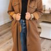 Chestnut Solid Color Textured Chest Pockets Midi Shacket