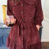 Women's Casual Red Corduroy Shirt Dress With Attached Belt