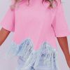 Versatile Pink Fringed Crop T-shirt With Playful Hem