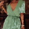 Grass Green Solid Color V Neck Wrap Waist Tie Romper