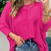 Rose Red Textured Center Seam Long Sleeve Split Top