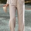 Khaki Stripe Casual Elastic Waist Loose Straight Striped Pants