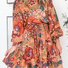 Orange Bubble Sleeve Belted Floral Dress