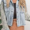 Sky Blue Leopard Patchwork Washed Distressed Denim Jacket