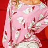 Pink Printed Christmas Santa Claus Lantern Sleeve Blouse