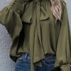 Jungle Green Frilled Knotted Mock Neck Bishop Sleeve Blouse