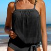 Black Striped Mesh Knotted Hem Tankini Swimsuit