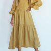 Yellow Printed Boho Ruffled Bracelet Sleeve Smocked Textured Midi Dress