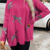 Rose Red Lively Cheetah Print High Neck Split Hem Sweater