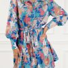 Stylish Blue Floral Print Dress With Loose Fit And Belt Detail