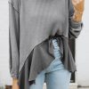 Medium Grey Waffle Long Sleeve Ruffled Patchwork Top