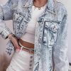 Chic Long Sleeve Light Wash Denim Jacket With Fringed Collar