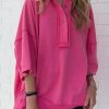 Rose Red Exposed Seam Button Neck Wide Sleeve Tunic Top