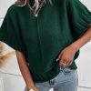 Blackish Green Mock Neck Batwing Short Sleeve Knit Sweater