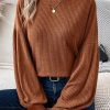 Chestnut Ribbed Knit Drop Shoulder Ruffled Sleeve Textured Top