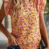 Yellow Floral Print Flutter Sleeve V Neck Tank Top